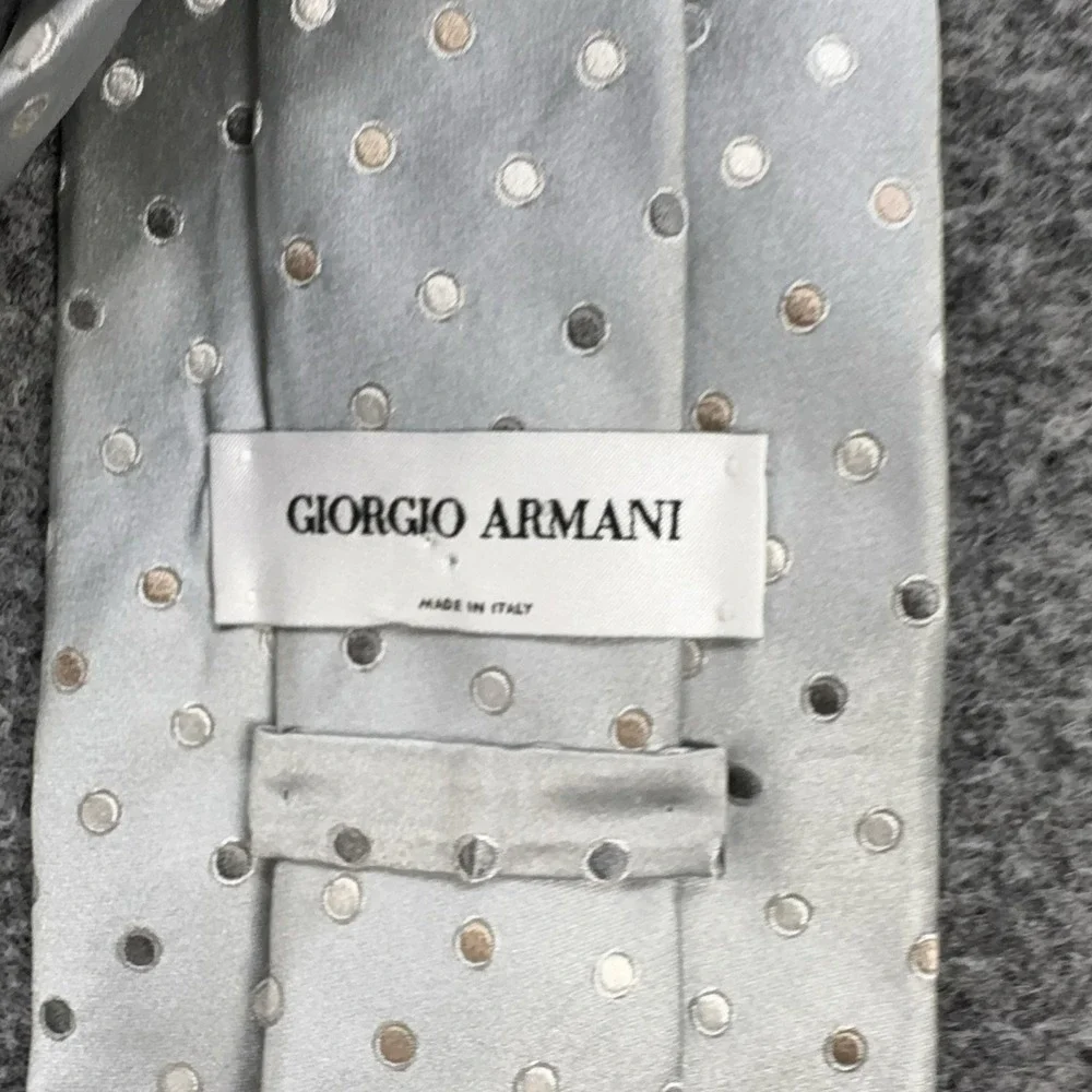 Giorgio Armani Tie Mens One Size Silver Polka Dot 100% Silk Made In Italy